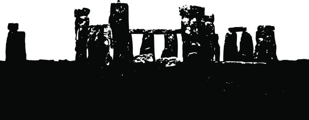 Silhouette black and white image of Stonehenge against blank sky copy space