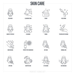 Skin care: facial mask, cleansing foam, face serum, moisturizer, under eye patches, toning, skin treatment, spf, facial massage. Thin line icons set. Vector illustration.
