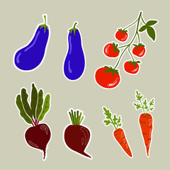 Stickers with vegetables, carrots, beets, cherry tomatoes and eggplant, isolated vector illustration.