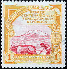 Farmer on ancient postage stamp of Ecuador