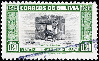 Gate of the sun on vintage bolivian postage stamp