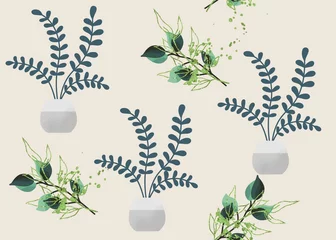 Door stickers Plants in pots Seamless Pattern Floral Illustration