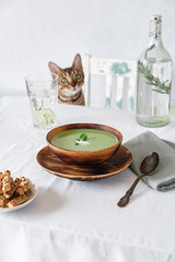 Soup with green peas and crackers in a wooden plate on a white table
