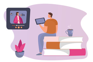 Online Courses on the Tablet. Man Freelancer Sitting on Huge Books With a Cup of Tea.Online Teacher on Computer Monitor. Webinar and Video Seminar Learning.Vector Flat illustration.