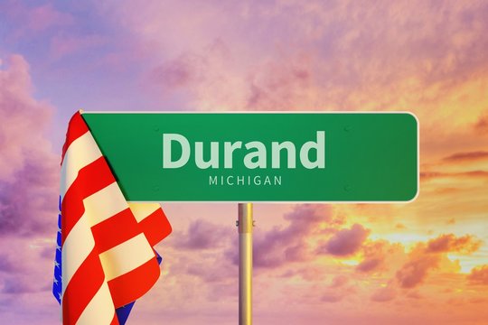 Durand &ndash; Michigan. Road or Town Sign. Flag of the united states. Blue Sky. Red arrow shows the direction in the city. 3d rendering