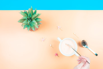 web banner freshness fruit and drink in summer season concept from minimal flat lay diet food with pineapple and tropical flower lay on pastel yellow blue background