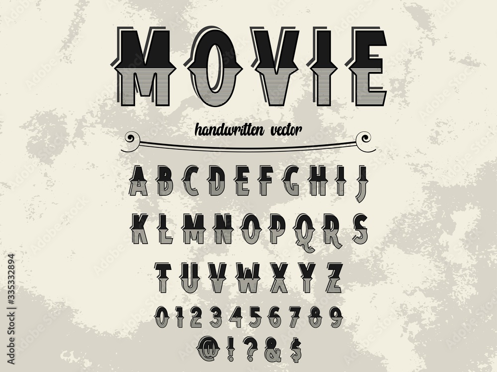 Poster alphabet font.typeface.script.shadow effect.handcrafted handwritten vector label design old style.vi