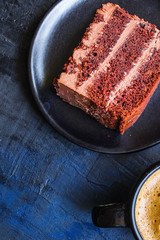 chocolate cake with cream (sweet and delicious homemade dessert, Prague cake) menu concept background. top view. copy space  for text