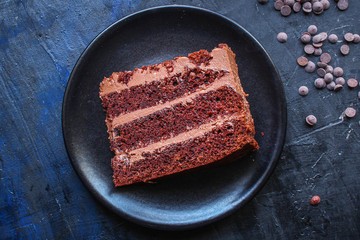 chocolate cake with cream (sweet and delicious homemade dessert, Prague cake) menu concept background. top view. copy space  for text