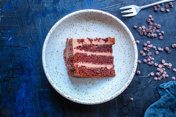 chocolate cake with cream (sweet and delicious homemade dessert, Prague cake) menu concept background. top view. copy space  for text