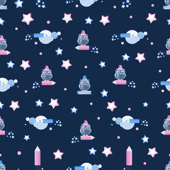 Owl, pencil, stars. Background image. Tell your story. Story time, fantasy tales, fairy tales for children. Vector illustration for children's textiles.