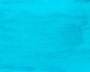 Watercolor bright turquoise background painting.  Hand painted sky blue aquarelle backdrop. Stains on paper texture.