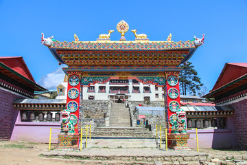 Tengboche Monastery (or Thyangboche Monastery), also known as Dawa Choling Gompa. View of entrance to the tibetan buddhist monastery of the Sherpa community.