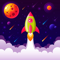 Background with space rocket flying in the sky