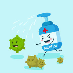 alcohol character in flat style running disinfect coronavirus. pump, spray or gel bottle. illustration design concept of Healthcare and Medical. stop corona virus and covid-19 concept.
