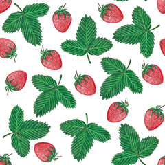 Bright pencil drawn pattern of strawberries and strawberry leaves on a white background
