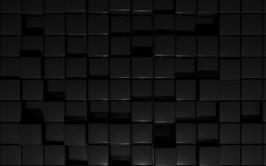 Cubic wall panels - 3d render illustration. Concept design - black boxing puzzle. Randomly scattered 3d cubes that form a block element. Dark background wallpaper for copy space and banners. 