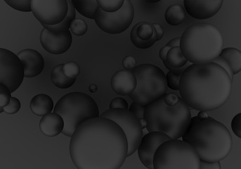 Black candy, pearls fly in space. Rude, shabby spheres. Matte and shiny 3d balls are falling - render illustration. Abstract dark stylish wallpaper. Creative background with copy space