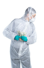 Laboratory health worker selling medicine or virus for money. The doctor is suspicious and looks around. Isolated.