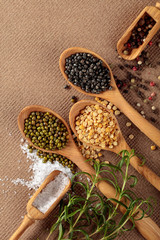 Various raw lentils with rosemary, salt and pepper.
