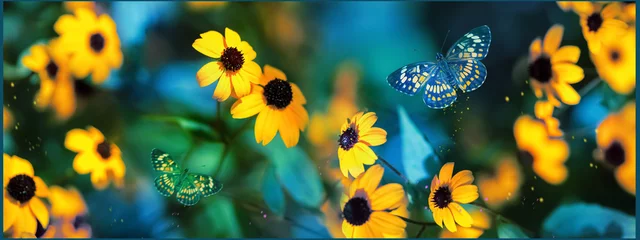Foto op Aluminium Tropical butterflies and yellow bright summer flowers on a background of colorful  foliage in a fairy garden. Macro artistic image. Banner format. © delbars