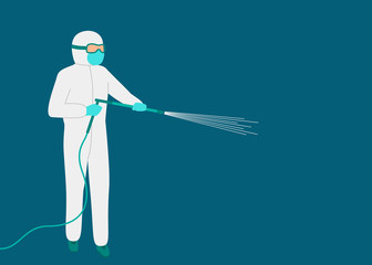 Man worker in white hazmat suit cleaning and disinfecting virus. Coronavirus epidemic spray disinfection. Protection against spread of virus during pandemic to maintain health. Vector illustration