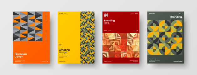Fototapeta premium Company identity brochure template collection. Business presentation vector A4 vertical orientation front page mock up set. Corporate report cover abstract geometric illustration design layout bundle.