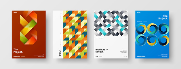 Obraz premium Company identity brochure template collection. Business presentation vector A4 vertical orientation front page mock up set. Corporate report cover abstract geometric illustration design layout bundle.