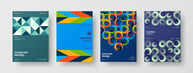 Company identity brochure template collection. Business presentation vector A4 vertical orientation front page mock up set. Corporate report cover abstract geometric illustration design layout bundle.