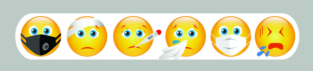 High quality vector round yellow cartoon bubble emoticons sick in mask, temperature, fever, sneezing, cough emoji