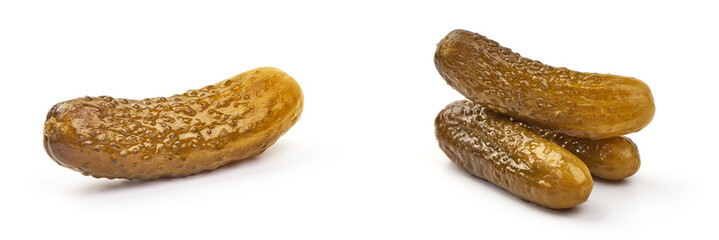 Marinated pickled cucumbers, isolated on white background