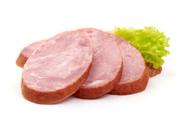 Pork ham sausage, isolated on white background