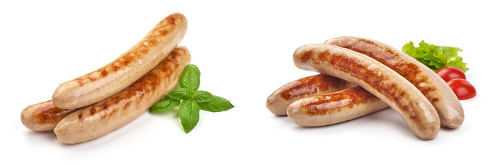 Grilled German pork sausages, Thuringer Rostbratwurst, isolated on white background