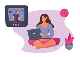 Woman Watching Online Courses.Girl Freelancer Watching Webinar.Online Education and Business School Concept.E-Learning with Flat Girl Watching Streaming Video Course on Laptop.Vector Illustration