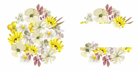 Watercolor hand-painted yellow flower banner with pink leaves isolated on white background. Healing herbs and flowers for postcards, wedding invitations, posters, save the date or greeting design.