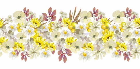Horizontal seamless composition of watercolor flowers. Yellow, cream, pink flowers and leaves