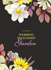 Botanical design of wedding invitation, white and yellow flowers with pink leaves on a black background, vintage style. Elegant stylish