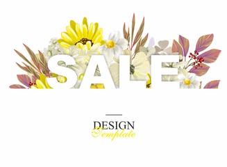 Banner for advertising, sales, on a white background and beautiful yellow and white flowers