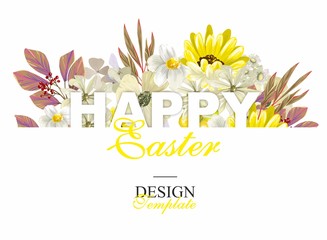 Happy Easter. Flowers. Holiday greetings. Banner ads. Yellow, beige, cream color