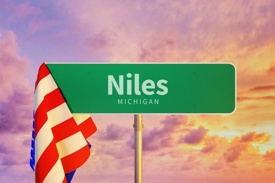 Niles &ndash; Michigan. Road or Town Sign. Flag of the united states. Blue Sky. Red arrow shows the direction in the city. 3d rendering