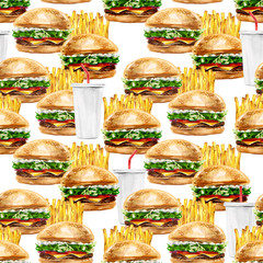 Watercolor fast food meal pattern of burger, juice, french fries menu to go illustrated