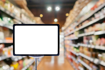 Mock up blank price board poster sign display with supermarket aisle abstract background