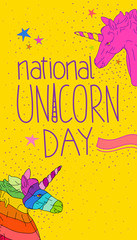 National unicorn day card. Two colorful unicorn illustration. Flat illustration, yellow background. Rainbow unicorn. Hand drawn typography.