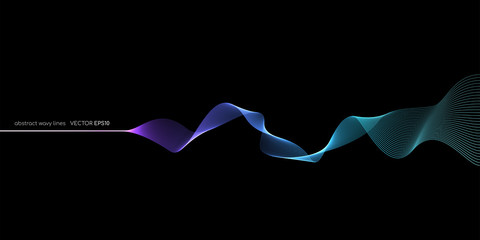 Abstract wave lines dynamic flowing colorful light isolated on black background. Vector illustration design element in concept of music, party, technology, modern.