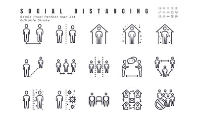 Simple Set of Social Distancing, Coronavirus Disease 2019 Covid-19 Line Icons such Icons as Stay Home, Quarantine, Work from Home, Avoid Crowded Place. 64x64 Pixel Perfect Editable Stroke Vector. - obrazy, fototapety, plakaty