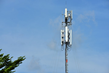 Wireless Communication Antenna With bright sky.Telecommunication tower with antennas.High pole for signal transmission. There are both wireless phone systems and microwave systems.