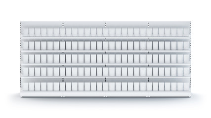 3D image of four Supermarket Shelving Showcase Displays with Shelves with packs staying in front isometric view in the row on isolated white background. It can be easily seamless multiplied in one row