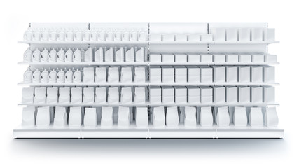 3D image of four Supermarket Shelving Showcase Displays with Shelves with packs staying in front perspective view in the row on isolated white background. It can be seamless multiplied in one row