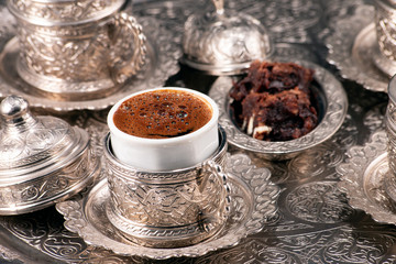 Turkish coffee silver cup and delight
