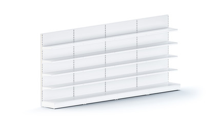 3D image side view of four Supermarket Shelving Showcase Displays with Shelves staying in front isometric view in the row on isolated white background. It can be easily seamless multiplied in one row